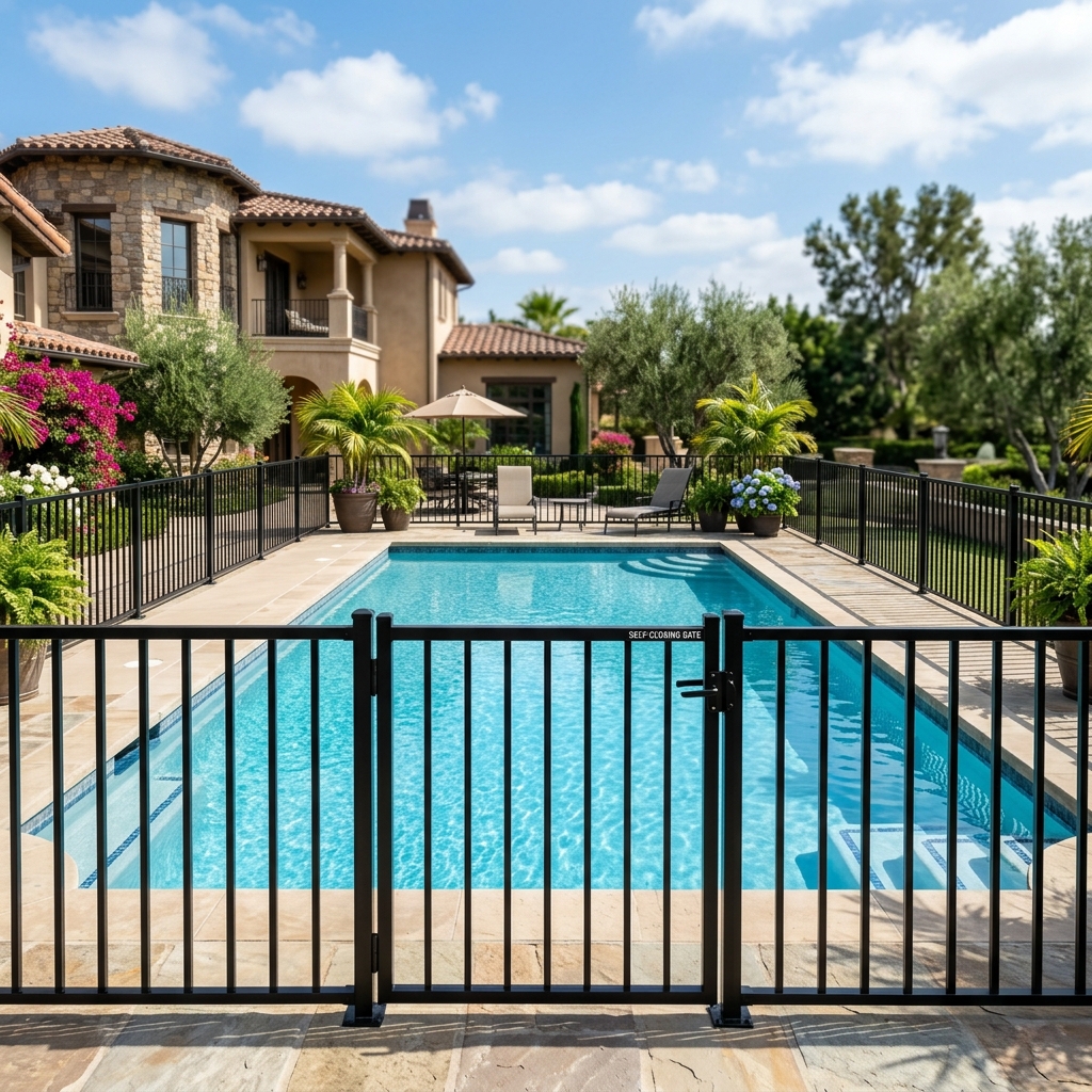 Aluminum pool fence installation protecting a swimming pool